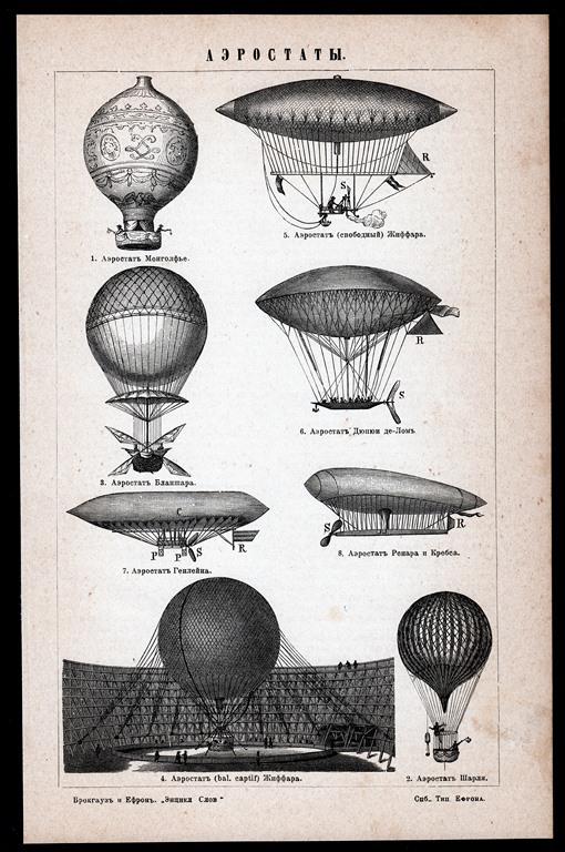 литография гравюра Аэростаты Генлейра Жиффара Бланшара издание СПБ 1891 г...ориг...сост