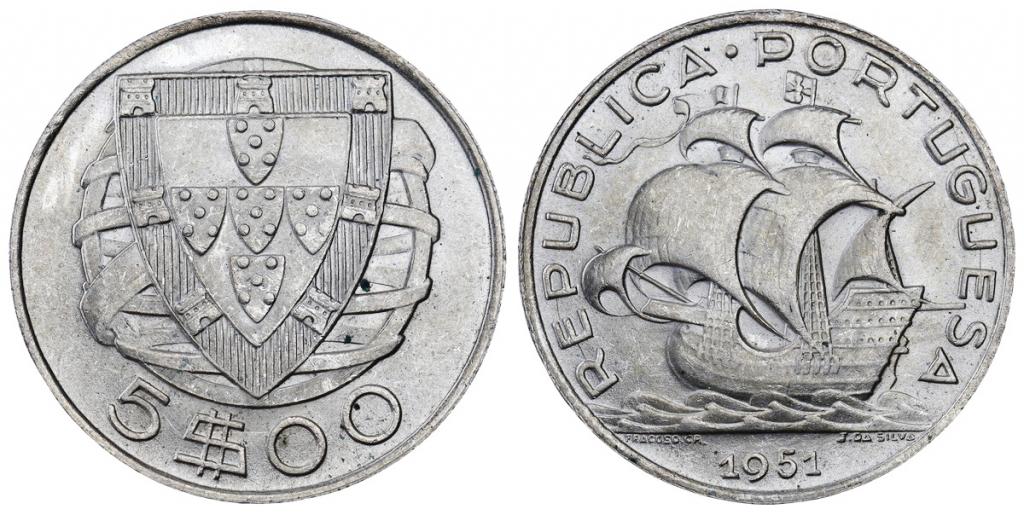 ПОРТУГАЛИЯ 5 эскудо 1951 ННР MS64 (5OF959-0117)