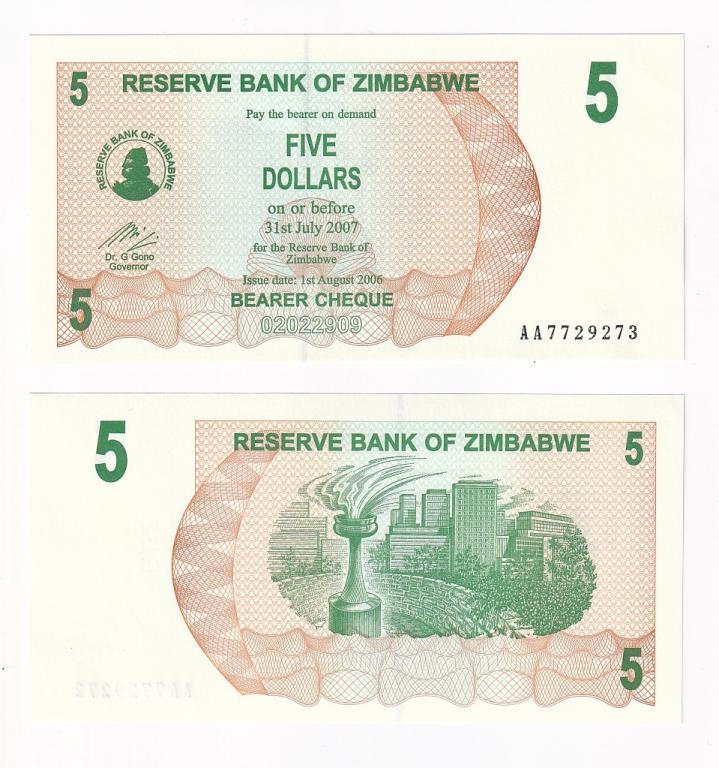 Зимбабве Банкнота 5 долларов 2006 год AUNC/UNC (43702)