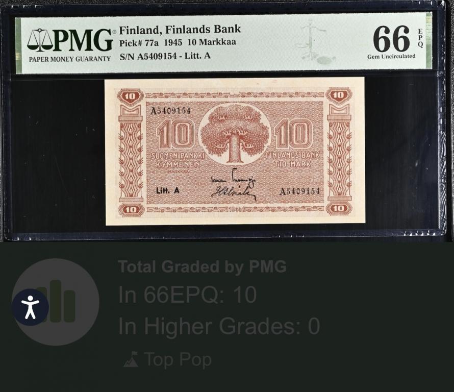 10 MARKKAA 1945 года PMG 66 Топ Грейд