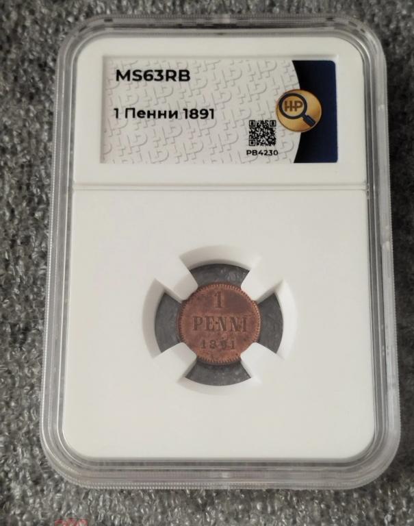 Россия-Финляндия 1 пенни 1891 год Слаб HHP MS63RB С-68
