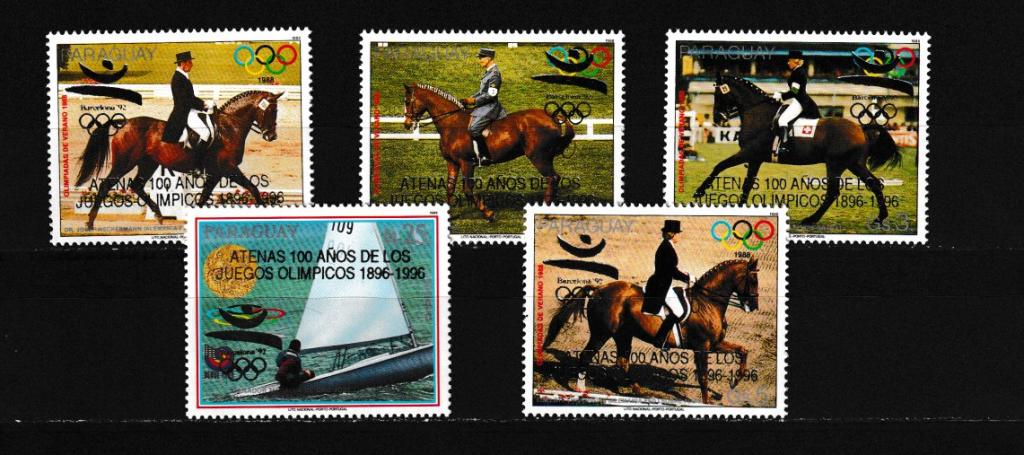 Парагвай 1989 ЛОИ-1992, Барселона, чемпионы прошлых лет, Москва-1980, надпечатки, лошади, паруса