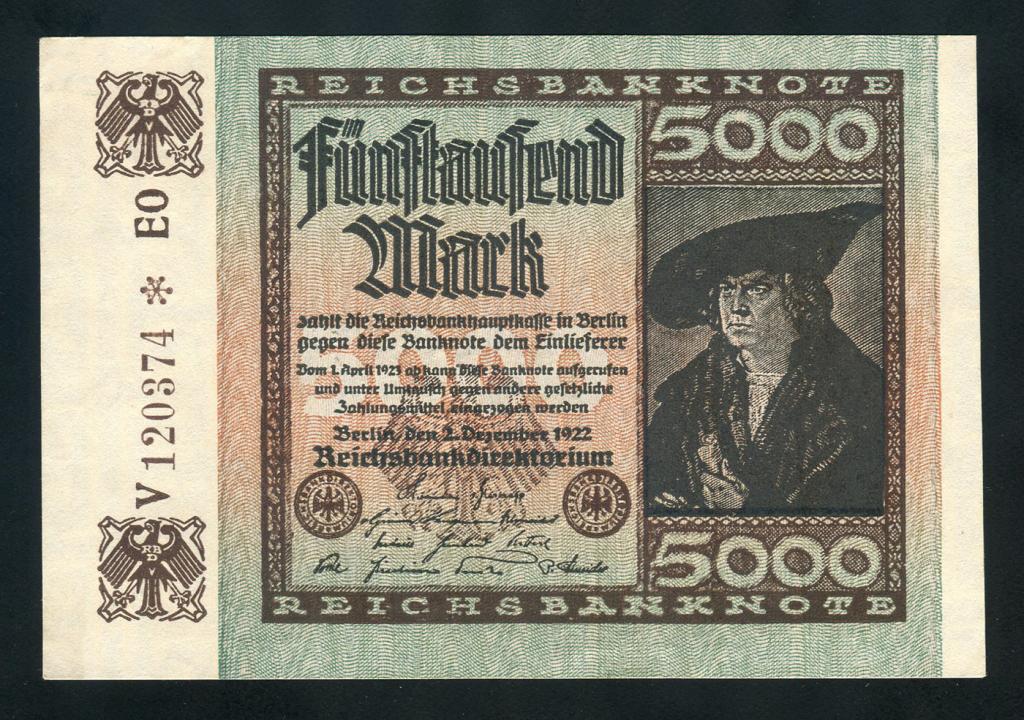 Германия 1922 г. 5000 марок UNC Ro.80e