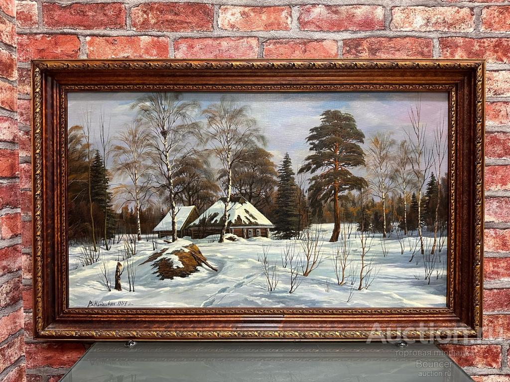Картина "Зимний пейзаж". Холст, масло. Деревянная рама. Кондыбин Владимир. 1987 год