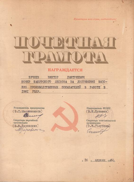 Почетная Грамота За выполнение показателей 1982 Кировское Управление Лесного Хозяйства РСФСР