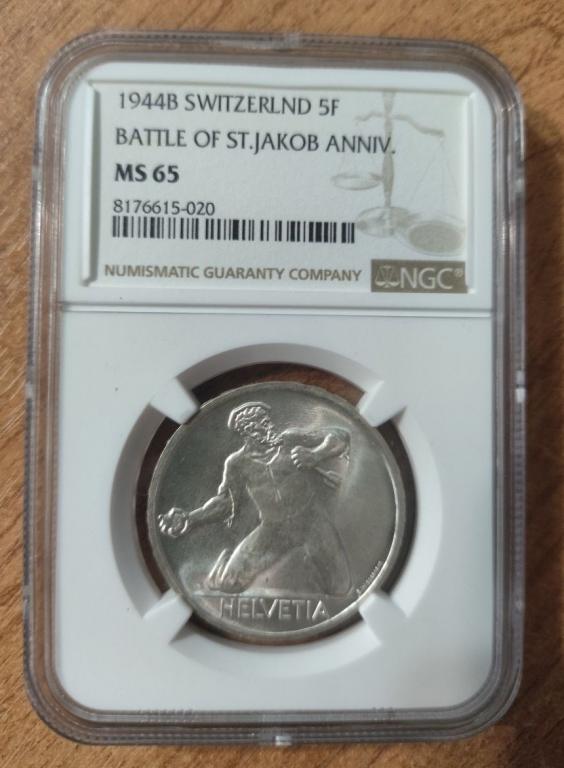 5 франков 1944 В Швейцария, Сражение у Сент- Якоба, Слаб MS 65, NGC