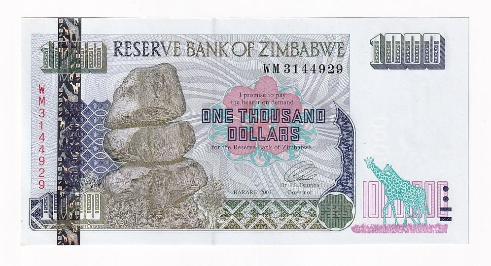 Зимбабве Банкнота 1000 долларов 2003 год Серия WM UNC (43798)
