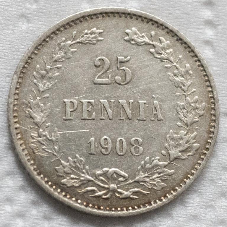 25 пенни 1908 года. Великое Княжество Финское. Состояние AU.