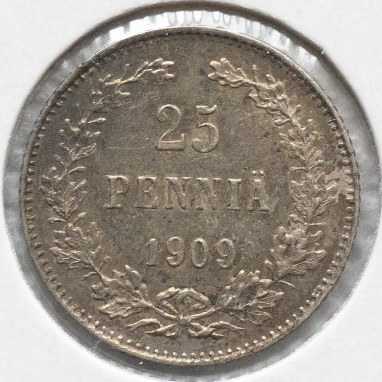 25 пенни 1909 года. Великое Княжество Финское. Состояние AU. Патина.