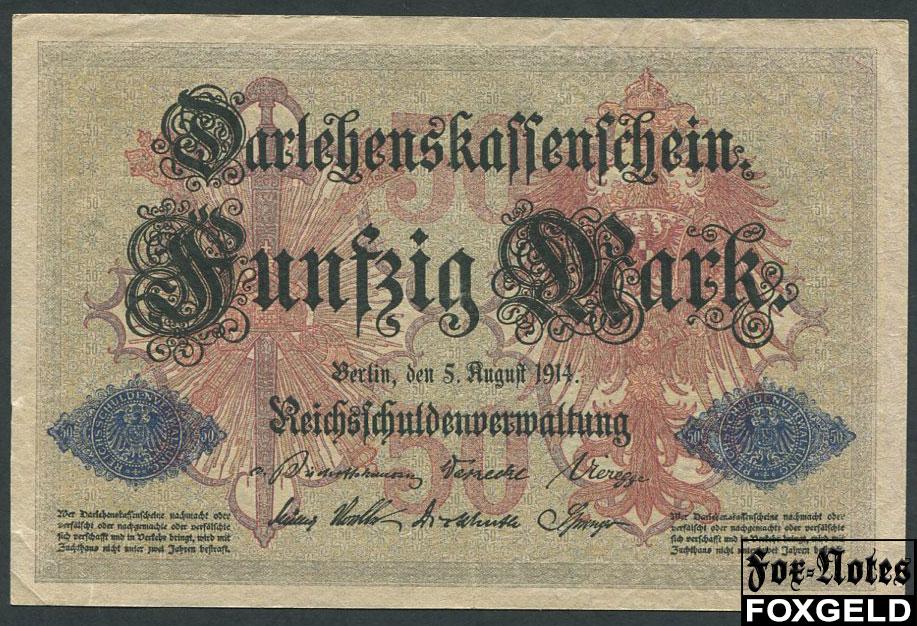 Германия / Reichsschuldenverwaltung 50 марок 1914 Darlehnskassenschein.   #7 aXF Ro.50b K.Nr5393527