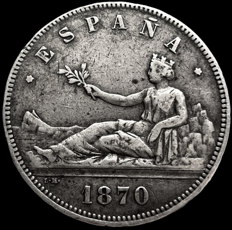 5 песет 1870 год. Испания. Мадрид. Серебро 0.900 проба.