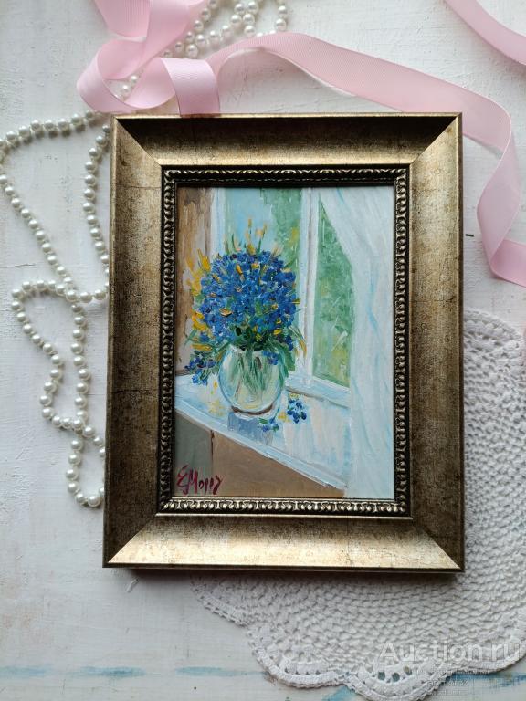 Картина маслом Букет васильков на окне на картоне живопись маслом 15/20 см