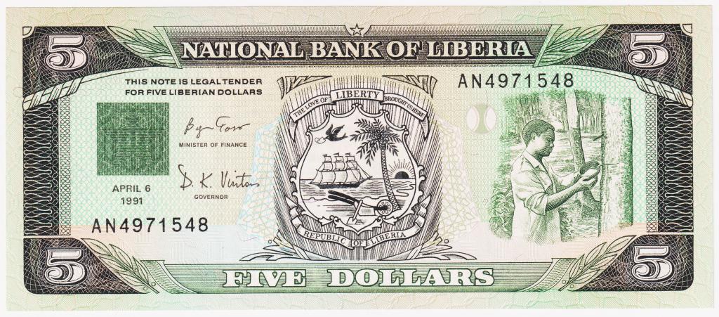 Либерия 5 долларов 1991. National Bank of Liberia. UNC. Пресс
