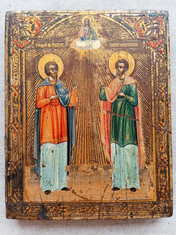 СВЯТЫЕ ЦЕЛИТЕЛИ КОСМА И ДАМИАН , 19 ВЕК ! ЗОЛОТО , ЭМАЛЕВАЯ РАМОЧКА !!! ШЕДЕВР !!! ОЧЕНЬ КРАСИВАЯ !