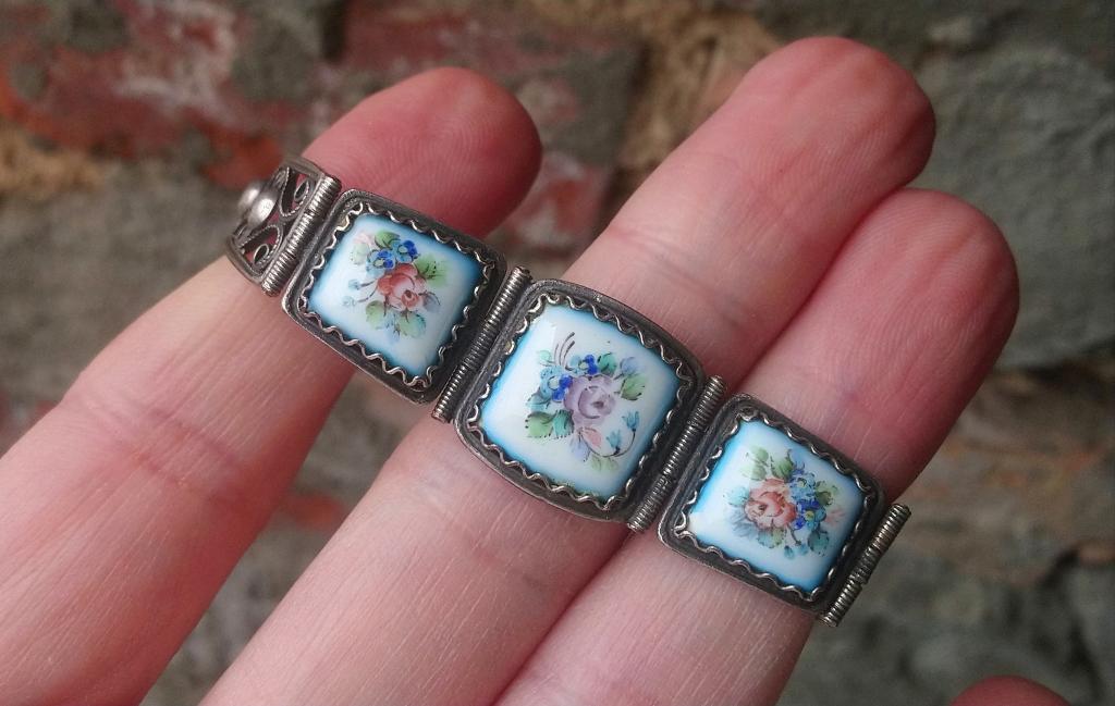 Красивый браслет СССР финифть мельхиор серебрение скань зернь винтаж