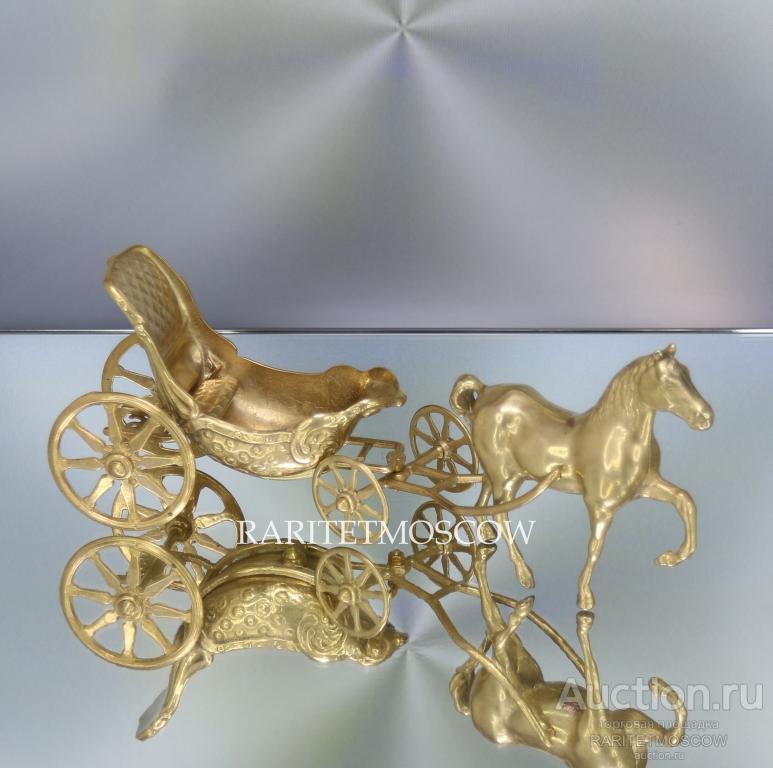Лошадь с каретой повозка телега конь статуэтка бронза латунь Италия 1
