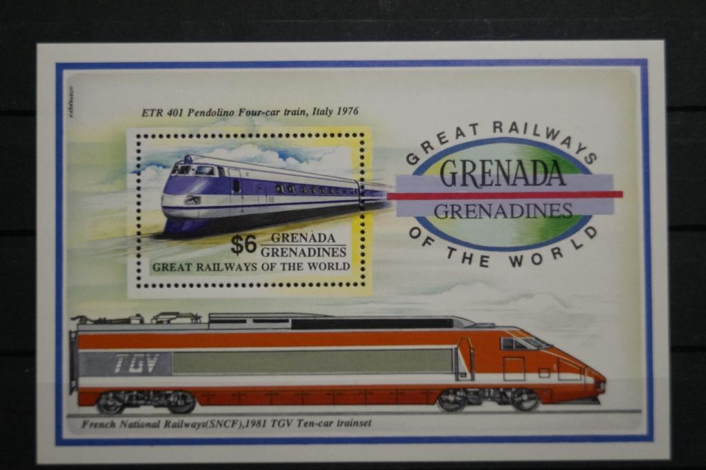 Гренада Гренадины 1992г. Поезда, паровозы Блок + лист из 9 марок