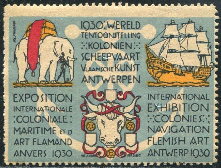 Бельгия 1930 Антверпен ВЫСТАВКА Колонии Мореплавание Фламандское искусство слон парусник ** виньетка