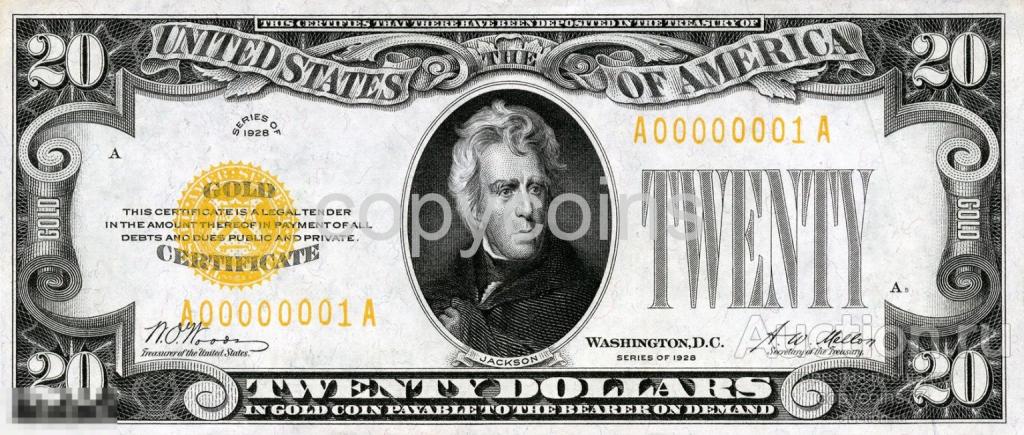 Б1993 20 долларов 1928 золотой сертификат США, копия 156 на 66 мм