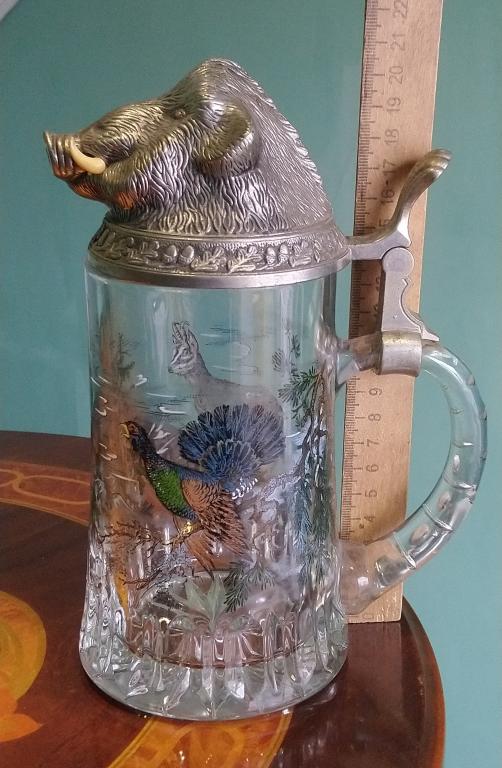 Пивная кружка кабан стекло олово Германия 1970