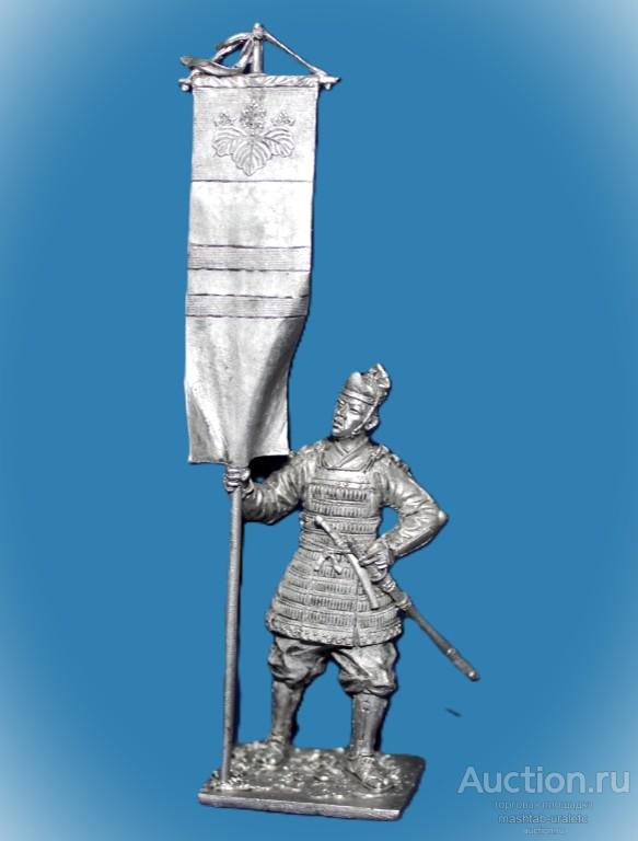 143. Оловянный солдатик Японский воин-знаменосец, 14 в, 54мм