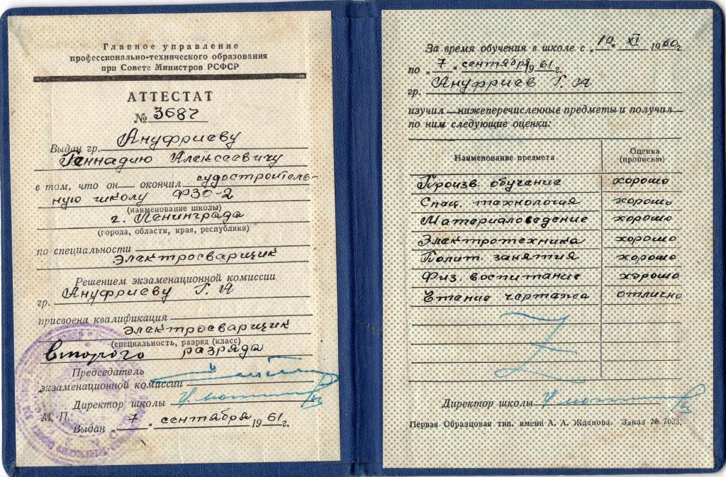 Аттестат (Электросварщик) Судостроительная школа ФЗО 2 г. Ленинграда 1961 СССР