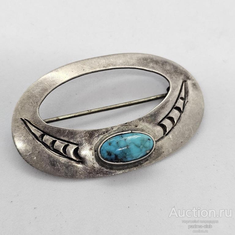 Винтажная серебряная брошь с кабошоном бирюза Лонгхорн, США