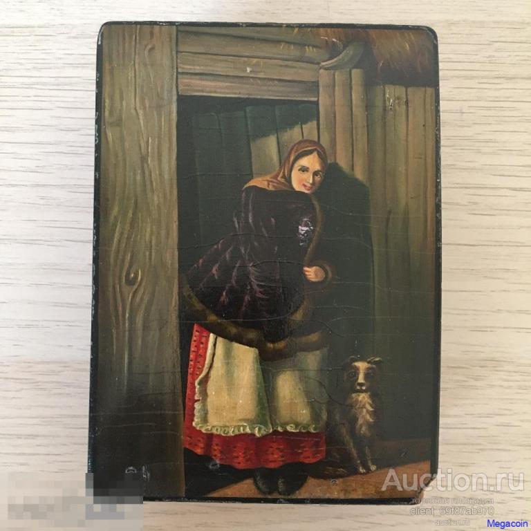 Лаковая миниатюра СССР шкатулка, картина Рачкова У калитки, предполож. Федоскино 1948 (box-76)