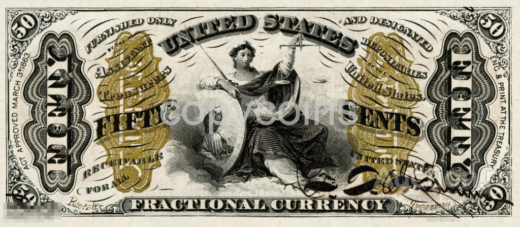 Б1934 50 центов 1863 США 3 выпуск, аллегория, копия