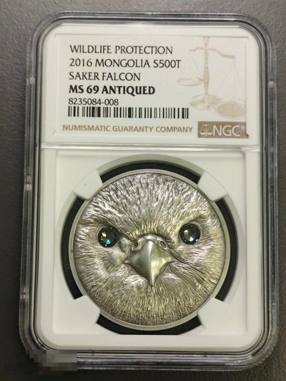500 тугриков 2016 Сокол балобан MS69 ANTIQUED слаб NGC унция серебра Монголия