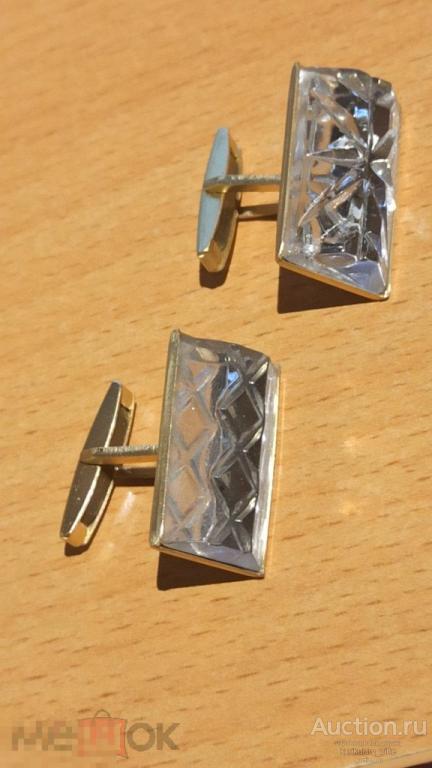 Запонки прямоугольные "льдинки". Металл, стекло. Советский винтаж.