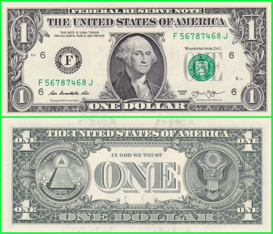 Банкнота США - 1 доллар 2013 год. Серия F ( F 56787468 J )  ПРЕСС !!  UNC !!