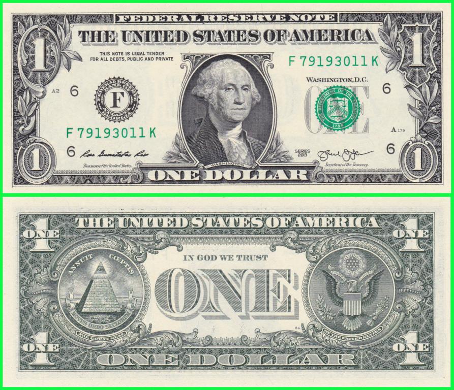 Банкнота США - 1 доллар 2013 год. Серия F ( F 79193011 K ) ПРЕСС !! UNC !!