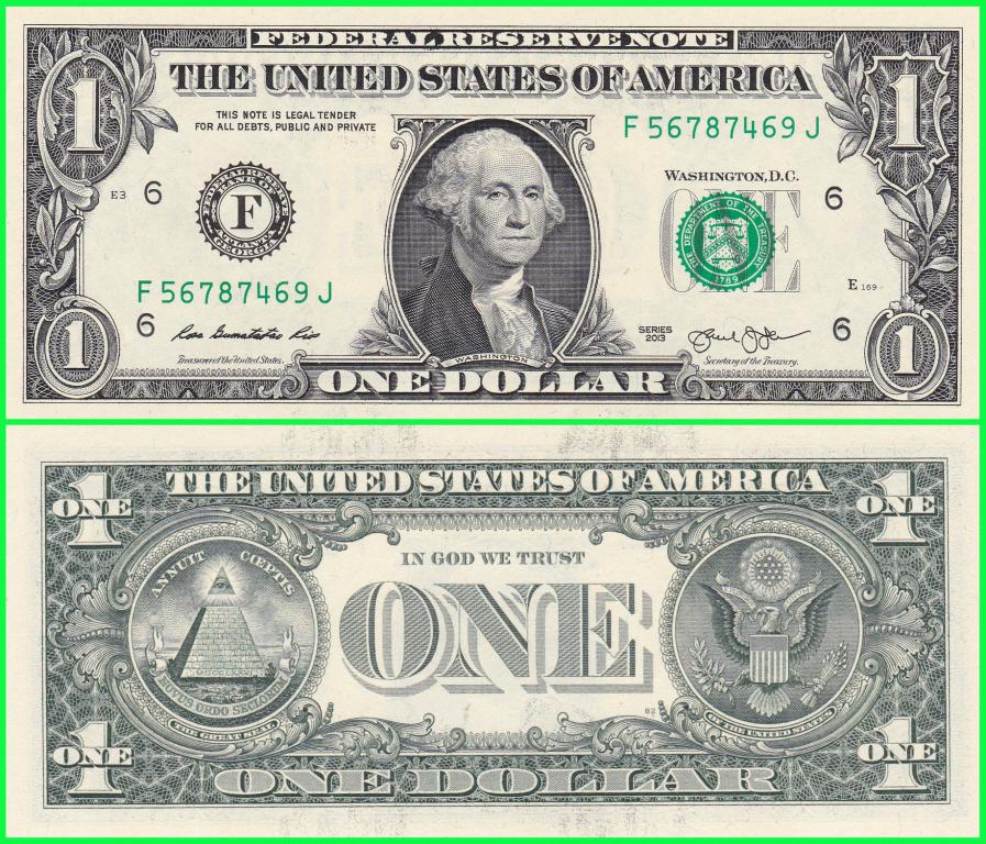 Банкнота США - 1 доллар 2013 год. Серия F ( F 56787469 J )  ПРЕСС !!  UNC !!