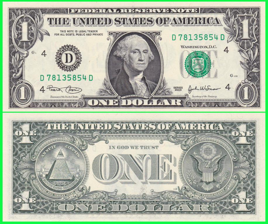 Банкнота США - 1 доллар 2003 год. Серия D ( D 78135854 D ) ПРЕСС !! UNC !!
