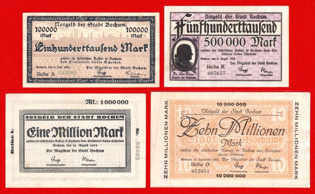 Германия, Бохум Bochum, городской выпуск, 100000, 500000, 1000000,   10000000 марок, 1923, КОМПЛЕКТ