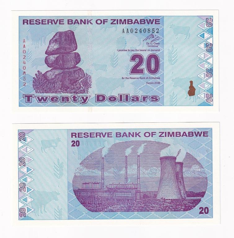 Зимбабве Банкнота 20 долларов 2009 год UNC (43974)