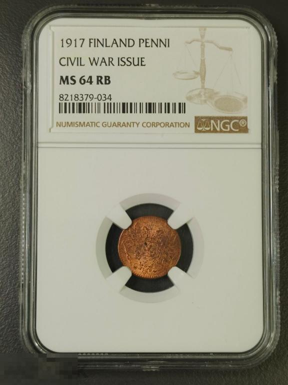1 пенни 1917 Финляндия Выпуск времен гражданской войны MS64 RB слаб NGC