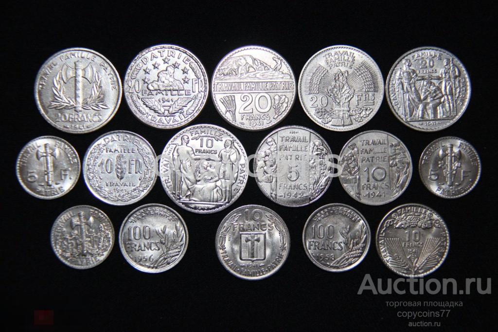 Набор из 16 копий пробных монет Франции 1944-1958 года 809-824