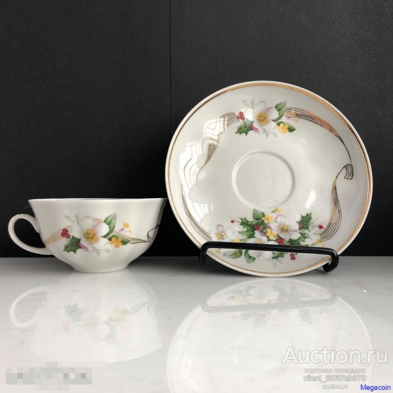 Чайная пара нарциссы, цветы, позолота, новый, состояние, не частые 2003 (utensils-368)