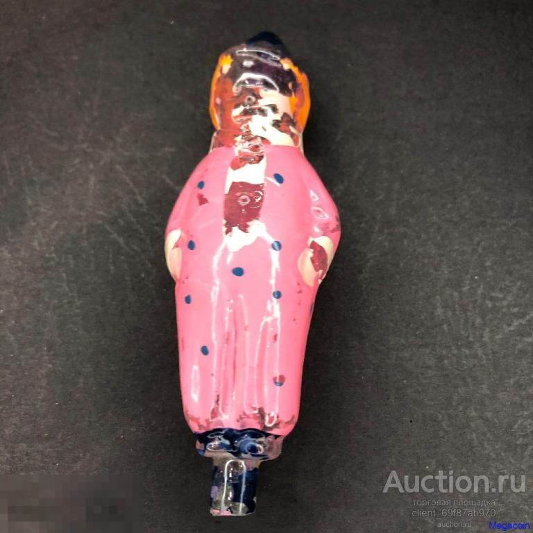 Ёлочная игрушка СССР на прищепке, Мальчик в костюме клоуна, в реставрацию (nyt-145)
