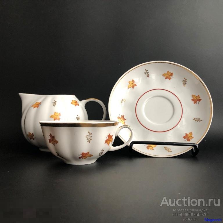 Молочник СССР и чайная пара, сливочник, клен, позолота, Дулево (utensils-437)
