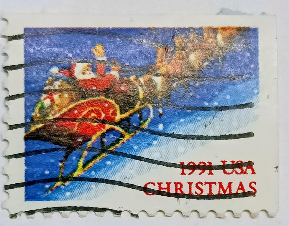 Марки_США Рождество, Санта-Клаус на санях, 1991 год, Гашеная;