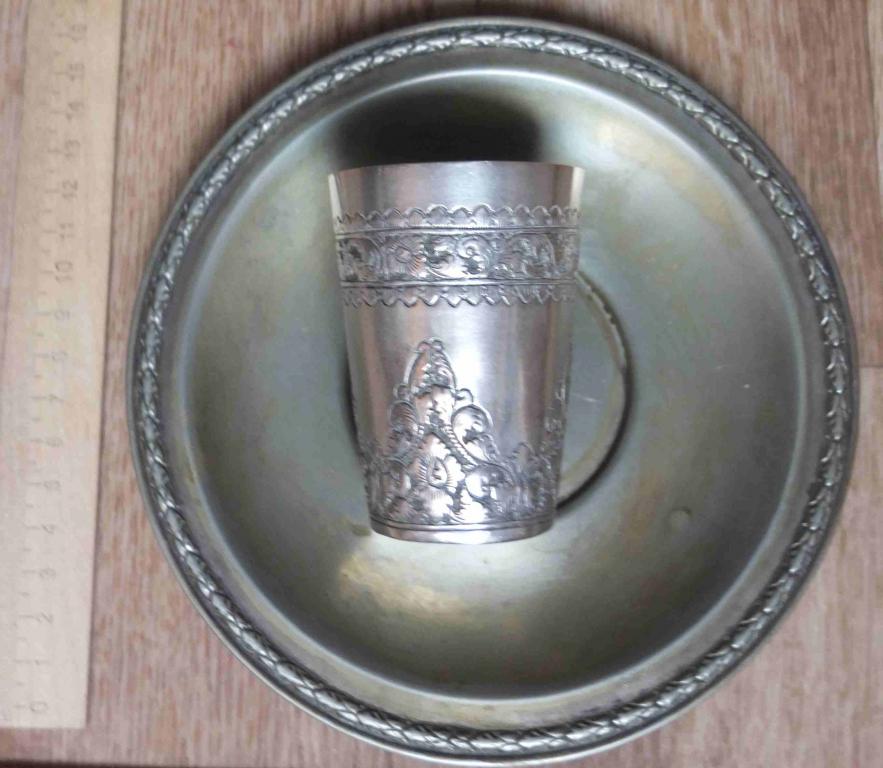 чарка и блюдце, серебрение, Европа, старинные, клеймо ювелира