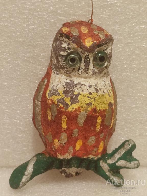 Ёлочная игрушка. Старинная. Сова. Филин. Птица. Папье Маше. Вата. Винтаж.(Н).