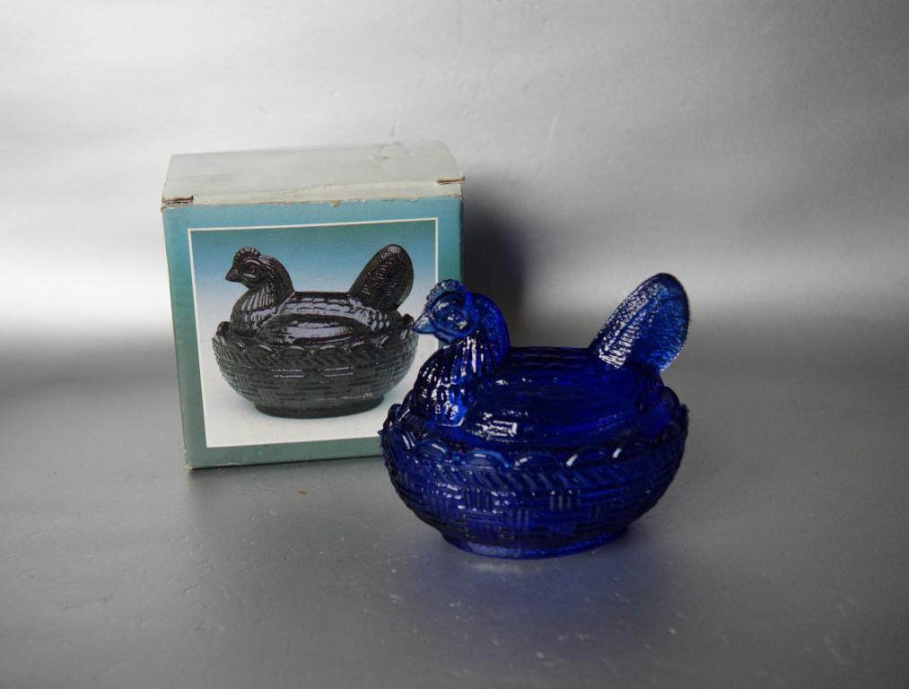 Паштетница икорница масленка Курочка кобальт стеклянная винтаж Gallina Испания в подарок