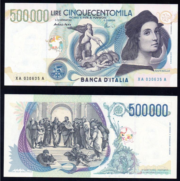 Италия  - 500000 лир  1997 г., P 118r, Замещенка!  UNC