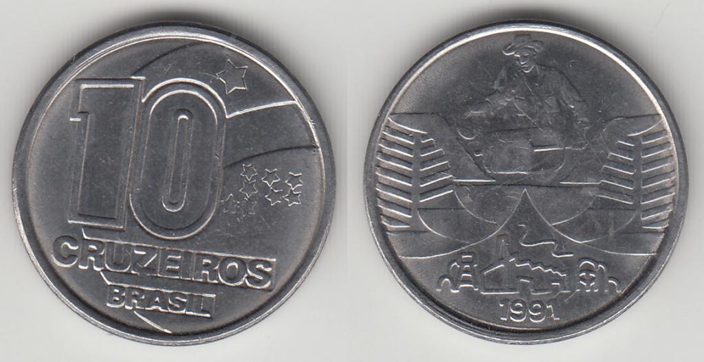 Бразилия 10 крузейро 1991 KM#619.1 толстая М