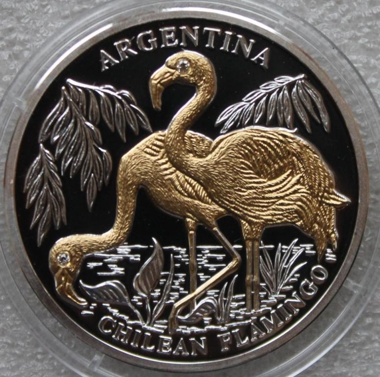 Либерия 10 долларов 2005 Чилийский фламинго Аргентина Фауна  Серебро Позолота Бриллианты