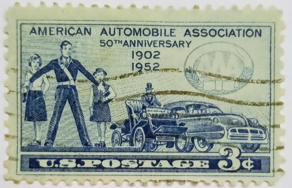 Марки_США 3 цента 1952 год, 50 лет Американской Автомобильной Ассоциации, Гашеная!
